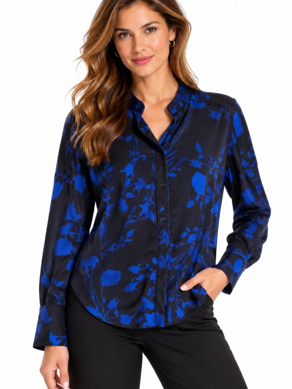 EQUIPMENT FEMME Blue Black Floral Satin Henley Blouse XL